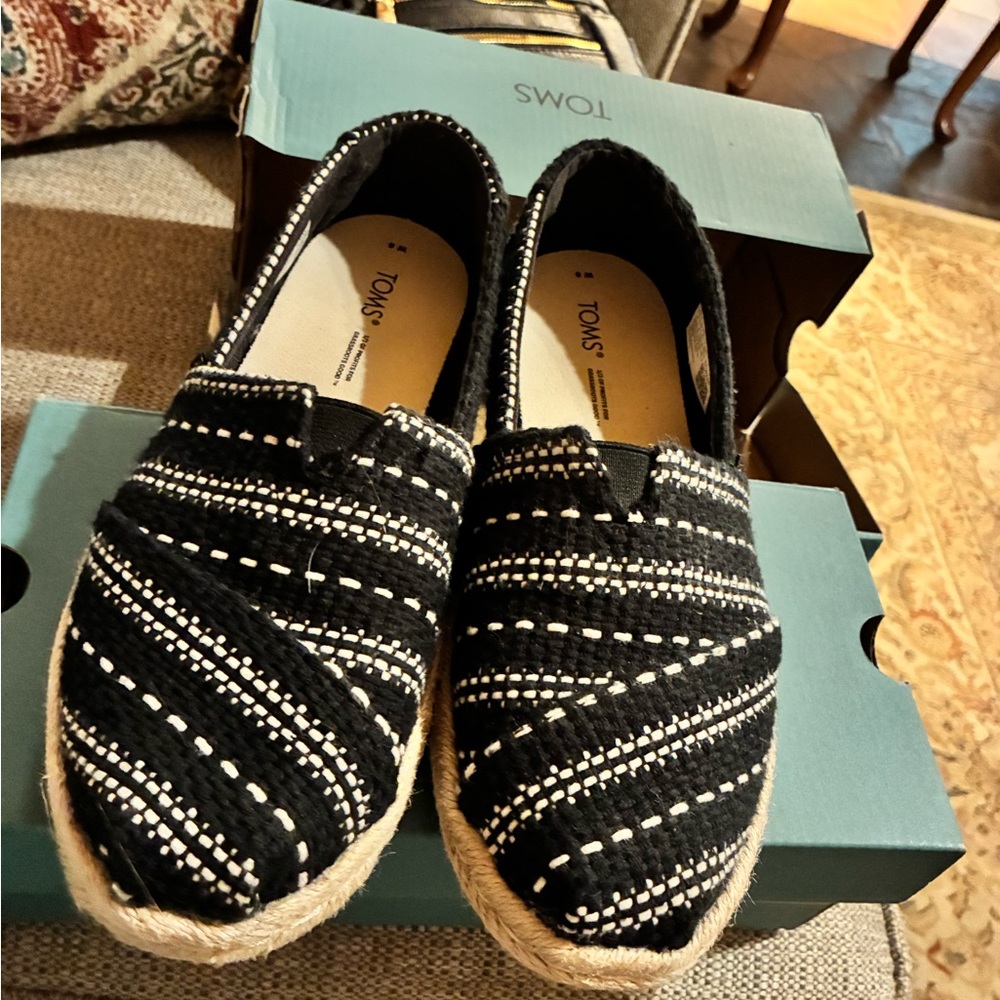 Toms Black & White Striped Slip-On Espadrilles